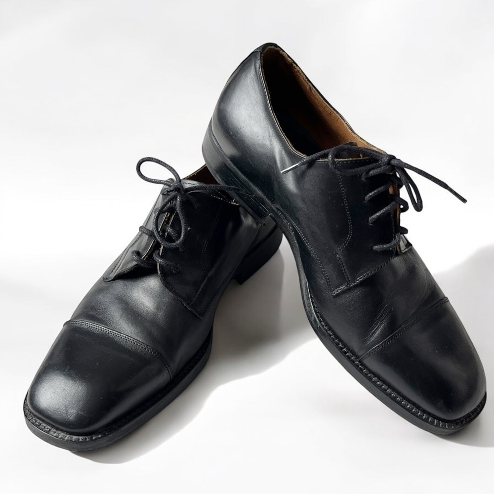 Vintage Vincent Black Leather Men's Dress Derby Shoes Chiseled Box Toe Italy 41